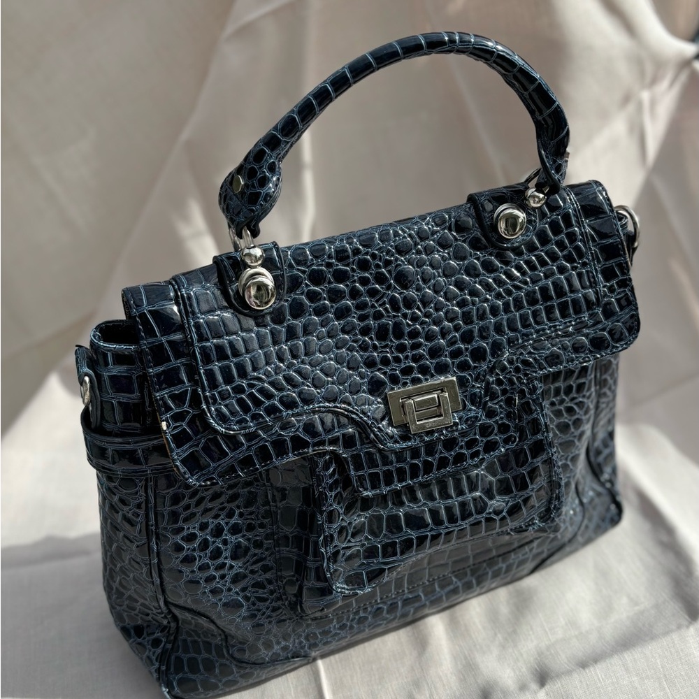 Vintage Nine West Navy Crocodile-Embossed Satchel